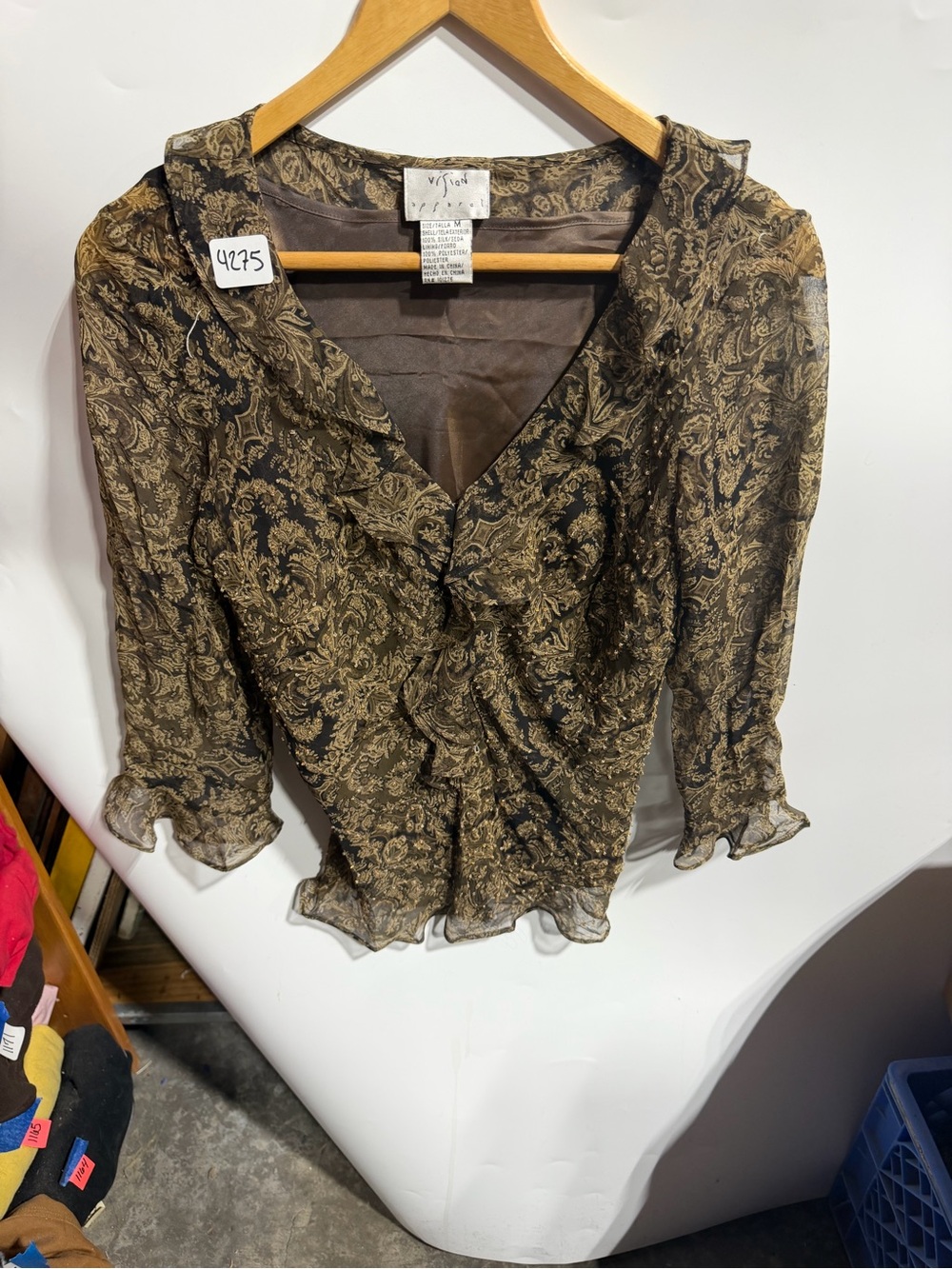 #4275-Sheer Brown Paisley Ruffle V-Neck Blouse